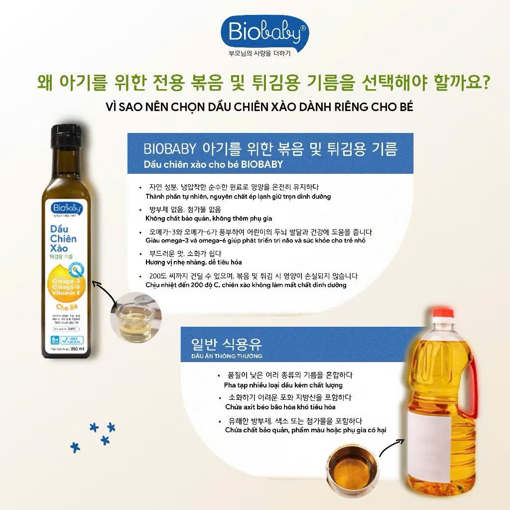 Dầu Chiên Xào Bio Baby 250ml Cho Bé Từ 6 Tháng. Chịu Nhiệt Đến 250 Độ