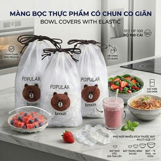 Màng Bọc Thực Phẩm, Đồ Ăn Có Chun Co Giãn (Set 100 chiếc) Hình Gấu Bảo Quản Thức Ăn, Đồ Ăn Nhà Bếp