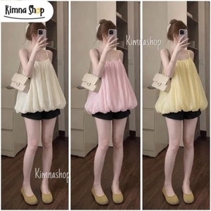 Set Áo Voan Tơ 2 Lớp Dáng Bí Phồng Mix Quần Short Ống Rộng Có Túi