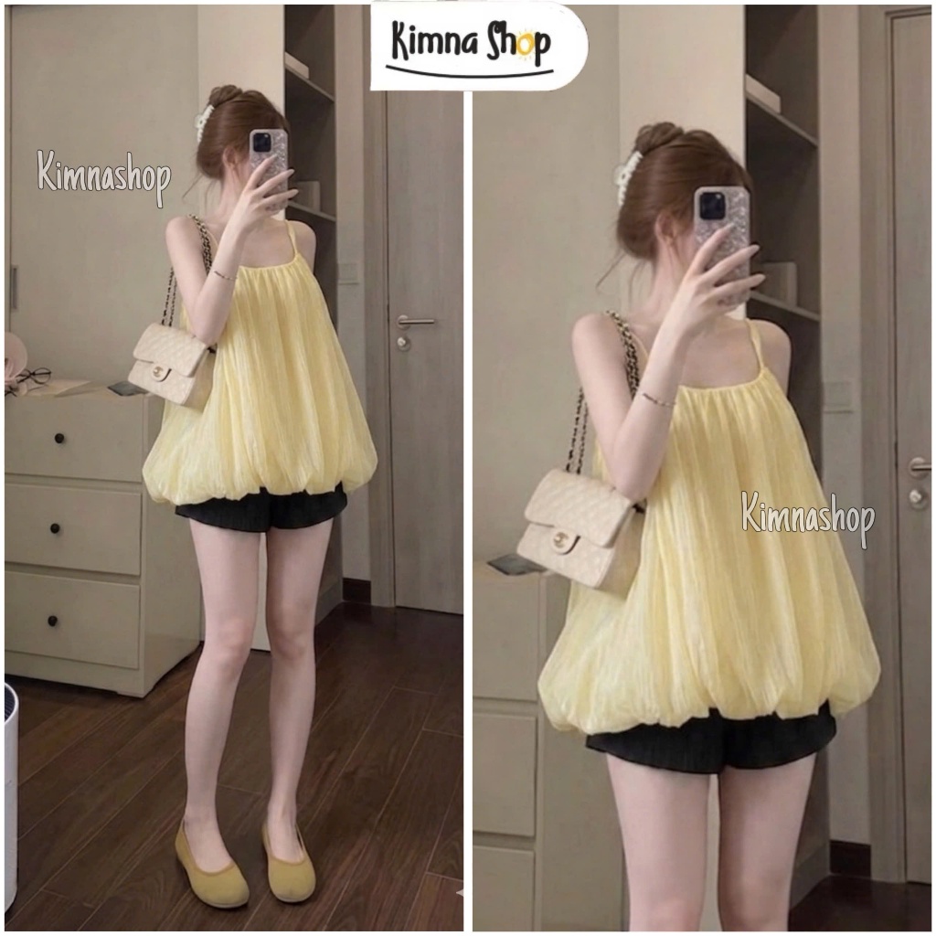 Set Áo Voan Tơ 2 Lớp Dáng Bí Phồng Mix Quần Short Ống Rộng Có Túi