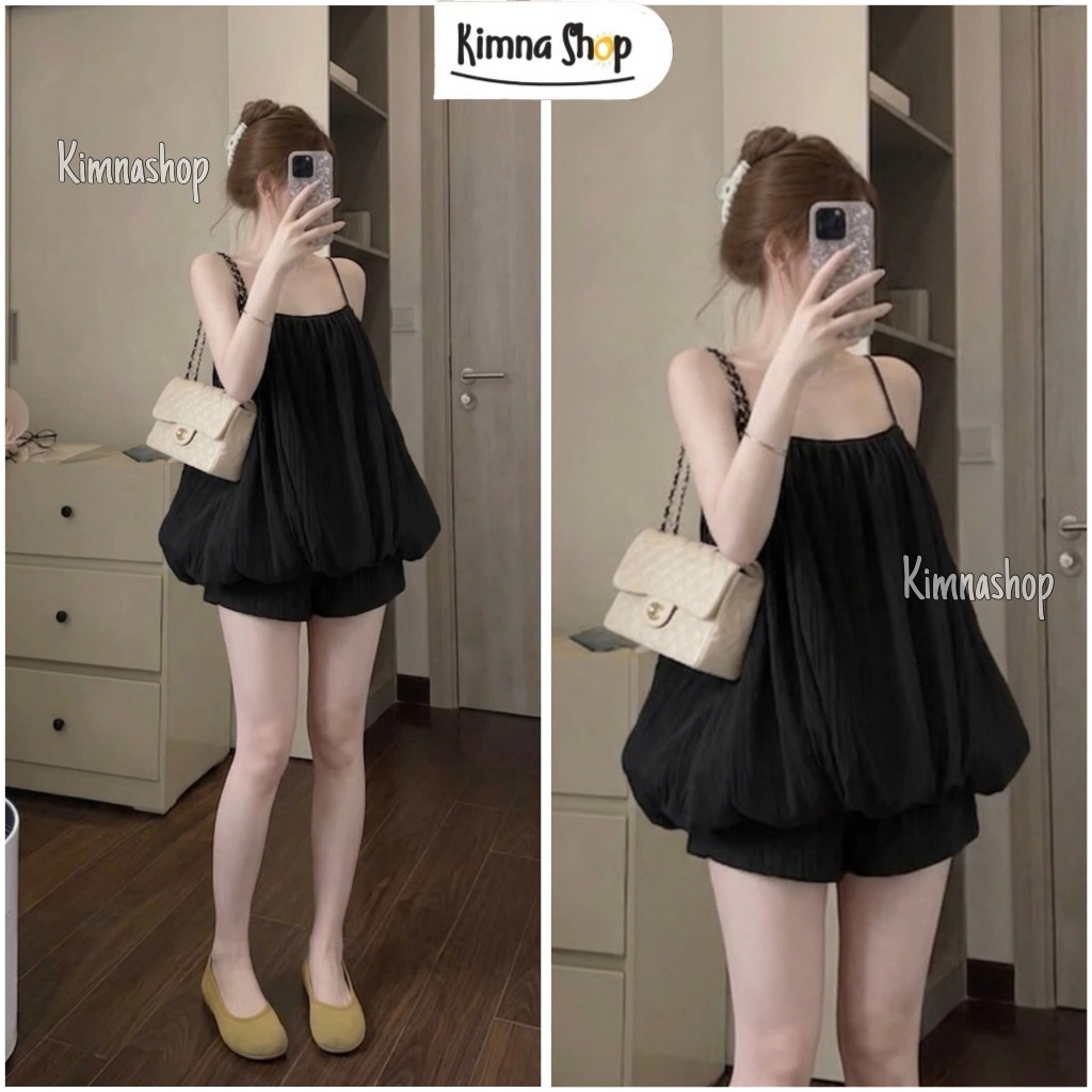 Set Áo Voan Tơ 2 Lớp Dáng Bí Phồng Mix Quần Short Ống Rộng Có Túi