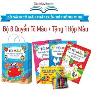 Tặng 1 Hộp Màu-Sách Bộ 8 Quyển Tô Màu Nối Số Phát Triển Trí Thông Minh Song Ngữ Anh Việt Cho Bé Từ 2 3 4 5 6 Tuổi Tập Vẽ