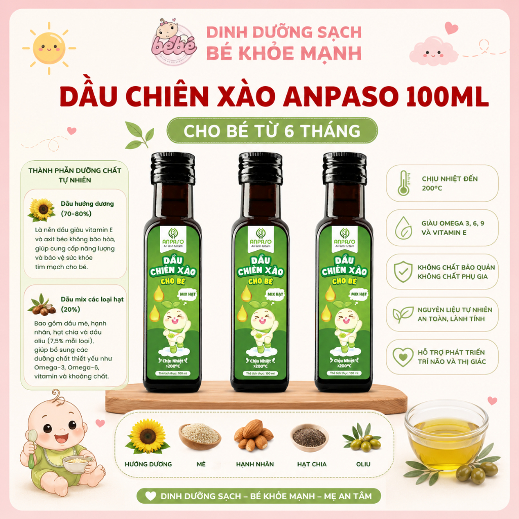 Dầu Chiên Xào Anpaso 100ml Cho Bé Ăn Dặm Từ 6 Tháng. Chịu Nhiệt Trên 200 Độ C