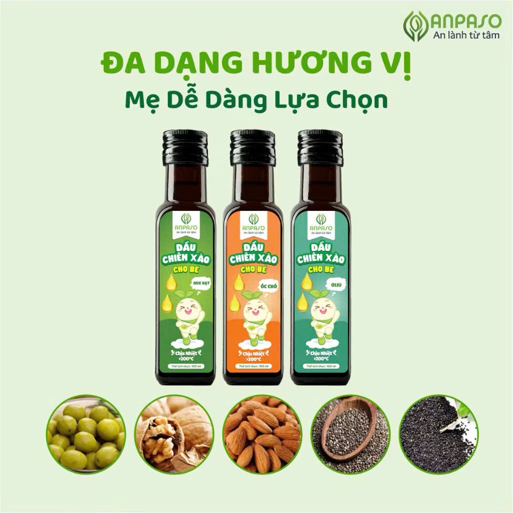 Dầu Chiên Xào Anpaso 100ml Cho Bé Ăn Dặm Từ 6 Tháng. Chịu Nhiệt Trên 200 Độ C