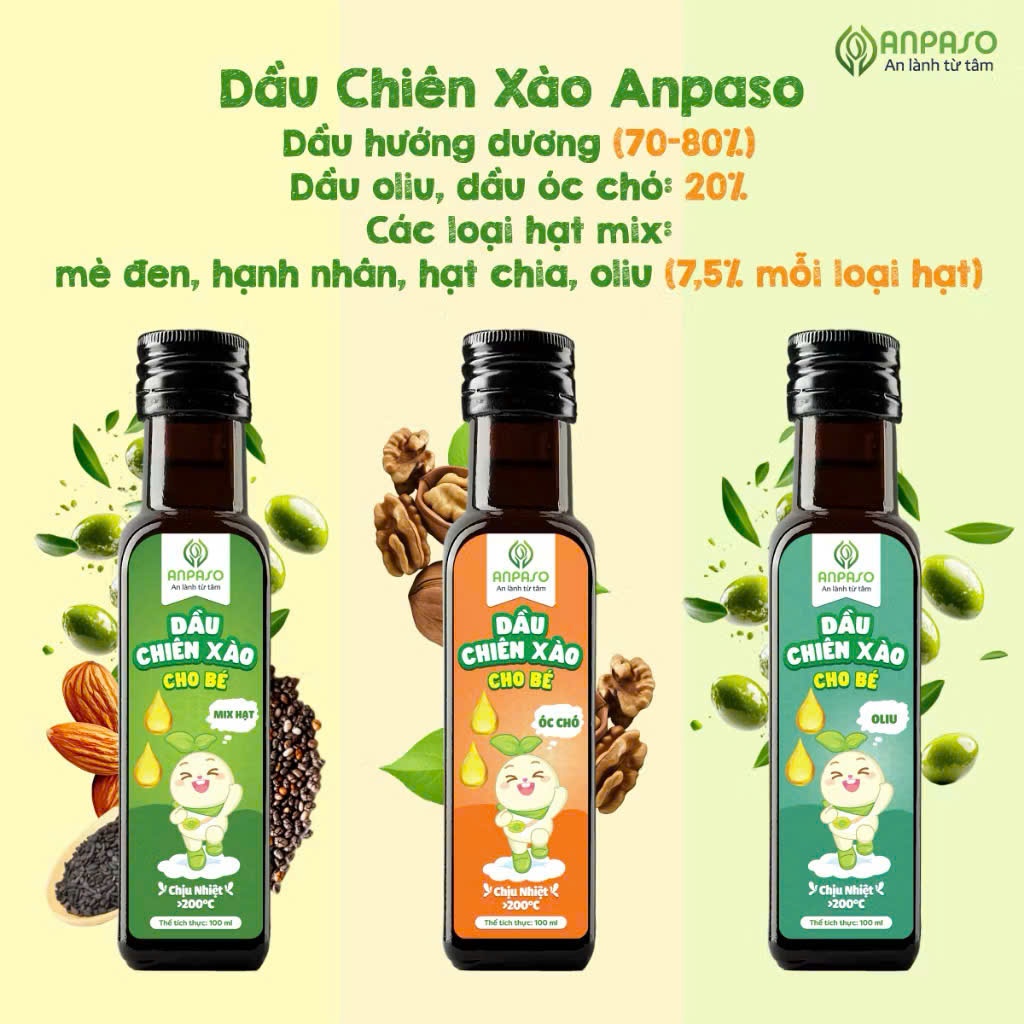 Dầu Chiên Xào Anpaso 100ml Cho Bé Ăn Dặm Từ 6 Tháng. Chịu Nhiệt Trên 200 Độ C