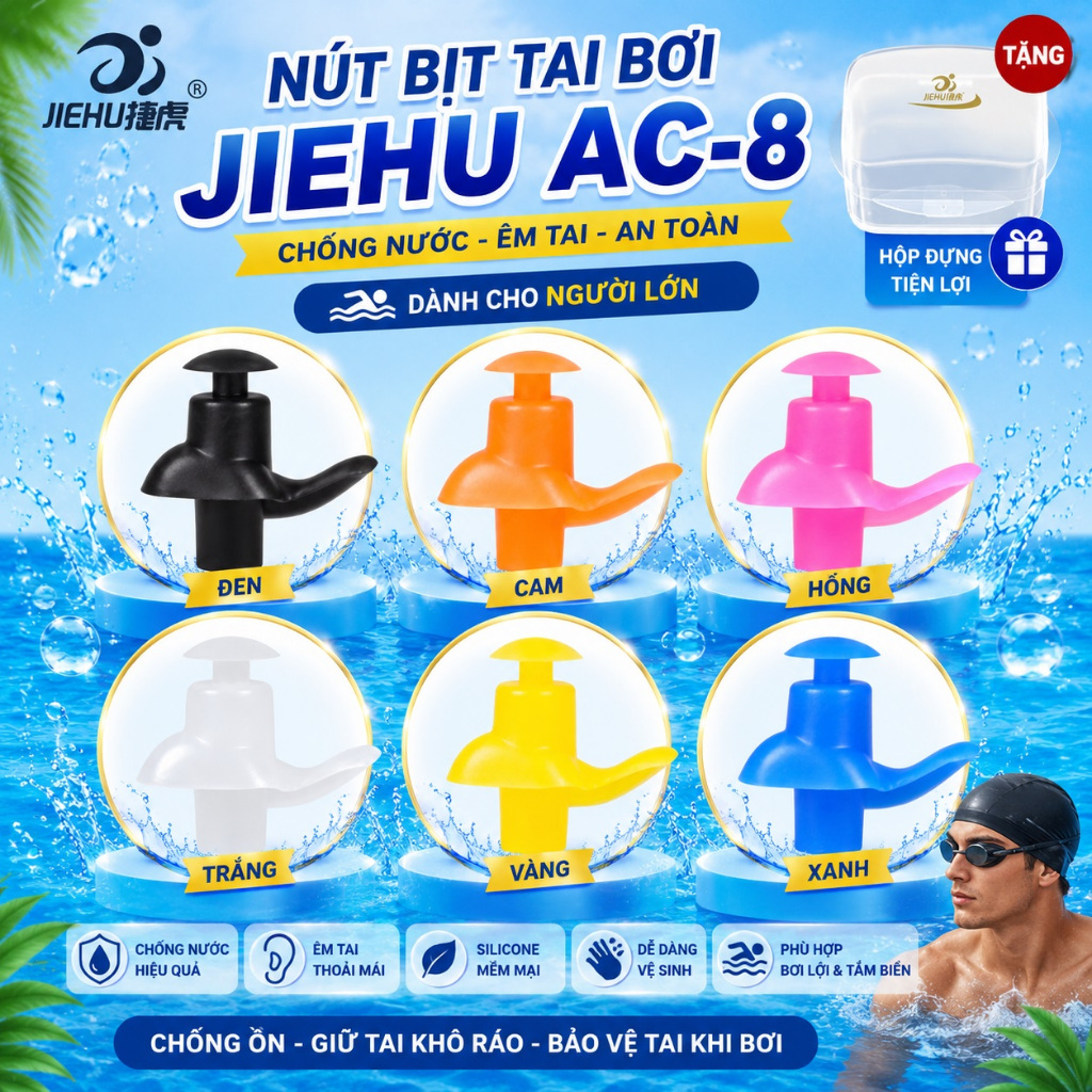 Bộ 2 nút bịt tai chống nước JIEHU AC-9 có dây nối, nút bịt tai bơi JIEHU AC-8, AC-10, SUZE cao cấp không dây giá rẻ