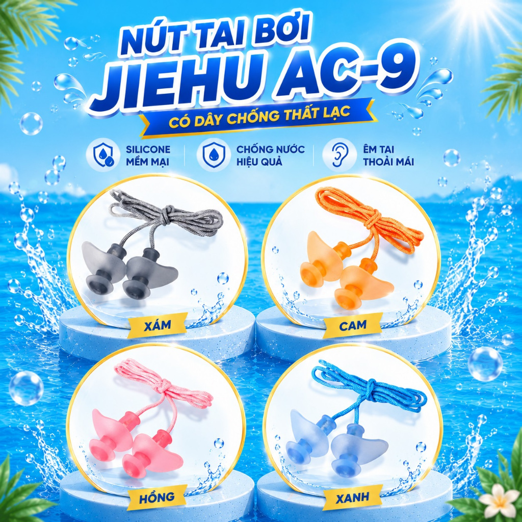 Bộ 2 nút bịt tai chống nước JIEHU AC-9 có dây nối, nút bịt tai bơi JIEHU AC-8, AC-10, SUZE cao cấp không dây giá rẻ