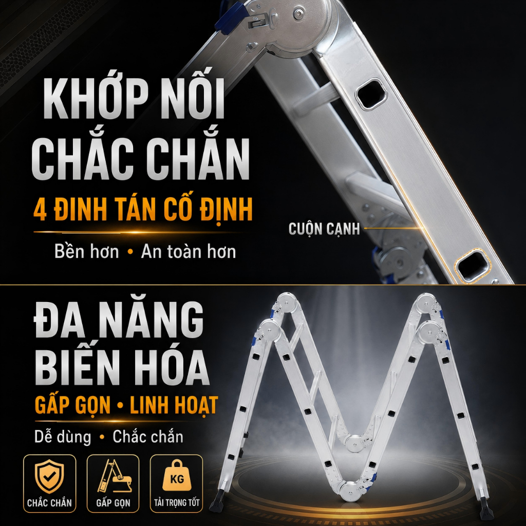 Thang nhôm gấp 4 đoạn thang nhôm rút thang nhôm chữ a thang gấp gọn chịu tải 500kg Phù hợp cho các công trình xây dựng