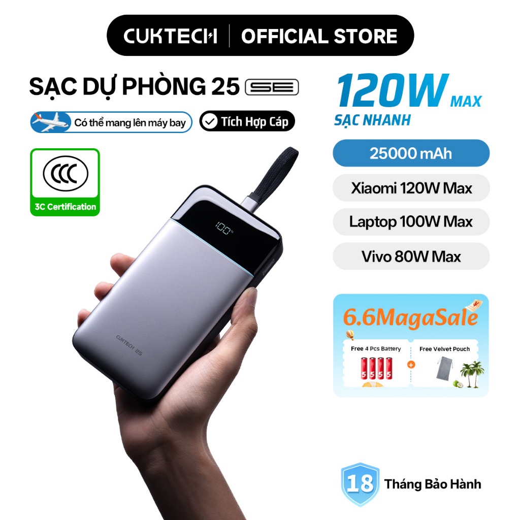 【Được chứng nhận CCC】CUKTECH 120W 25000mAh Sạc Nhanh Công Suất Cao Pin Dự Phòng – Hỗ Trợ Xiaomi 120W Laptop 100W——25 SE