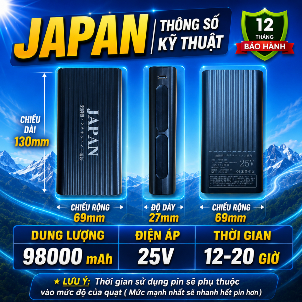 Áo điều hòa JAPAN chính hãng, pin quạt áo điều hòa 98000mah hoạt động 12-14h làm mát liên tục