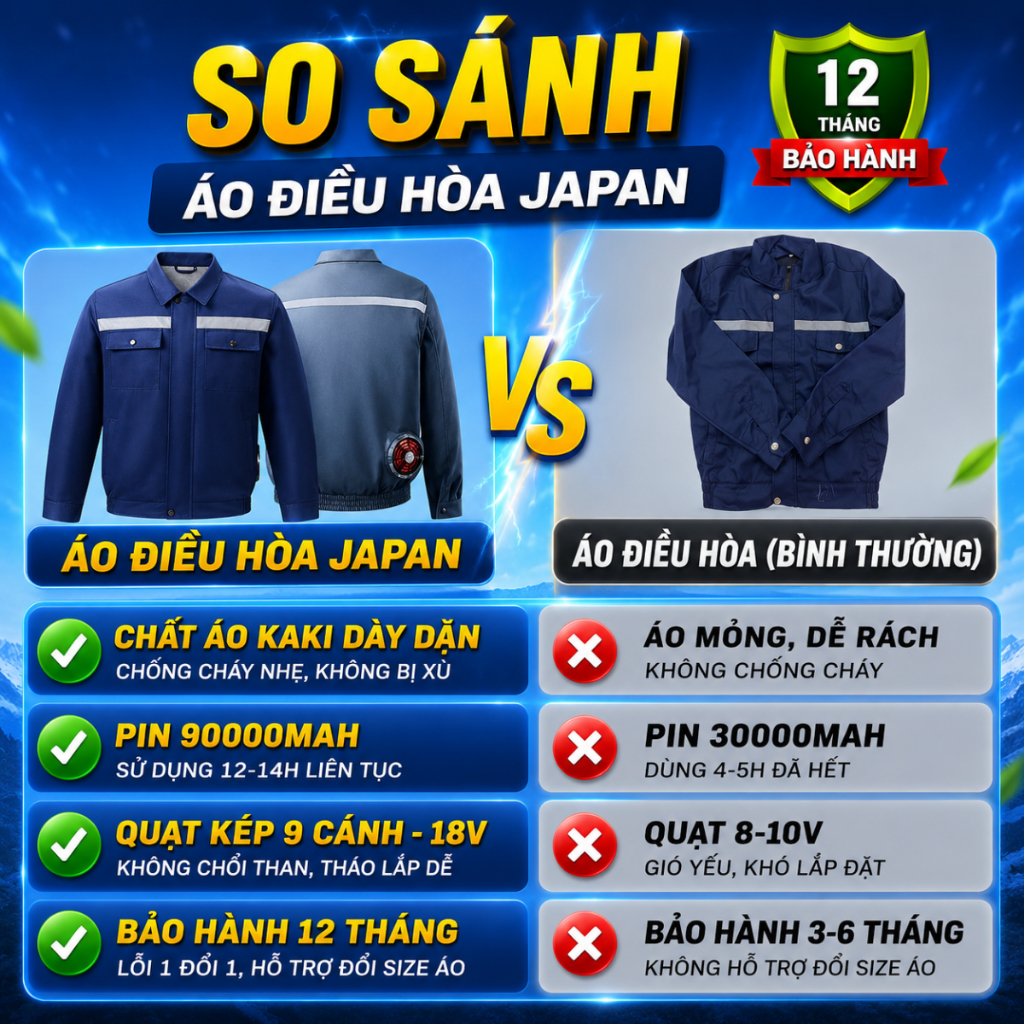 Áo điều hòa JAPAN chính hãng, pin quạt áo điều hòa 98000mah hoạt động 12-14h làm mát liên tục