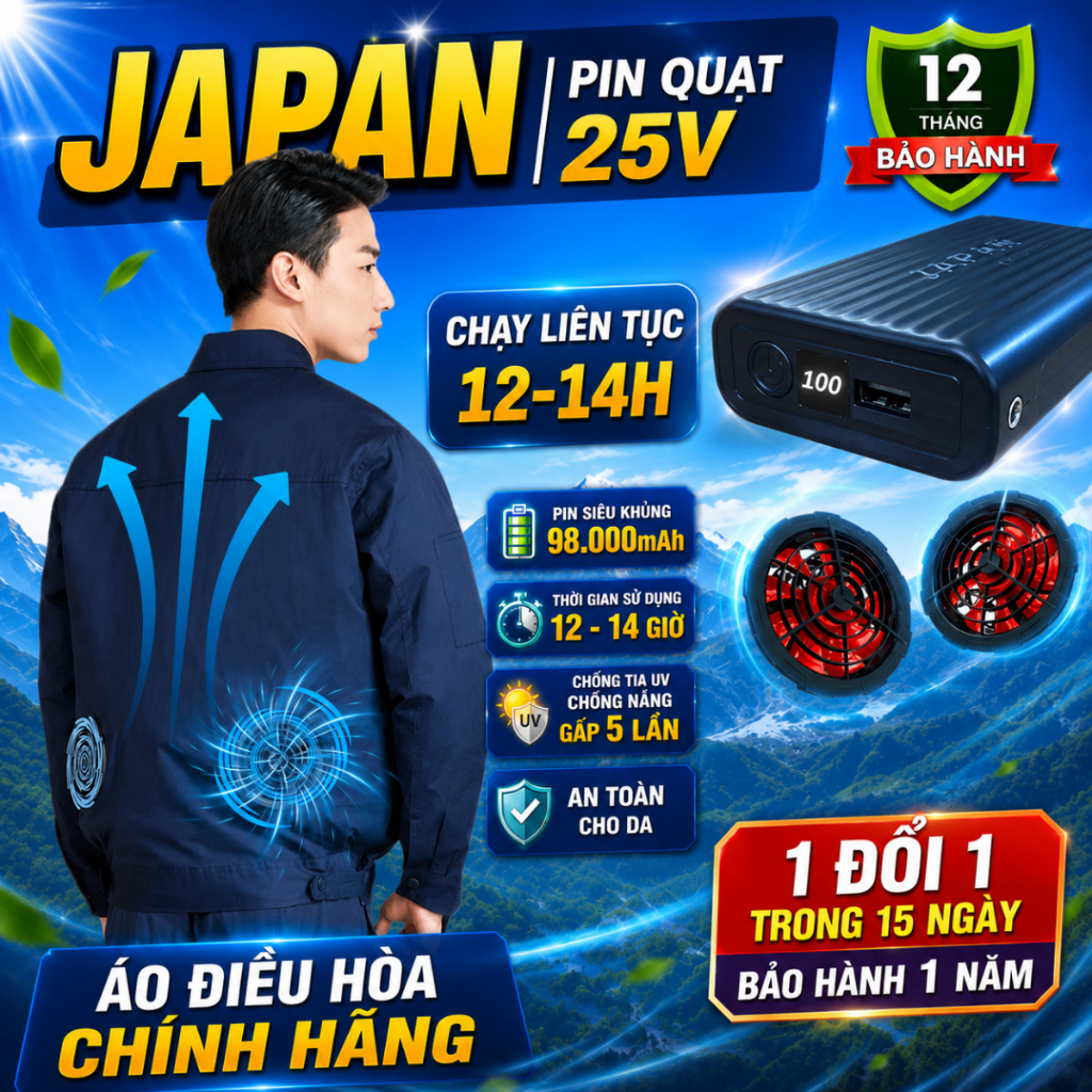 Áo điều hòa JAPAN chính hãng, pin quạt áo điều hòa 98000mah hoạt động 12-14h làm mát liên tục