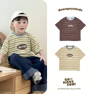 SS26 Áo thun kẻ trẻ em cotton dẻo NOSTALGIA size 14-38KG dáng suông style Hàn Quốc | Dương Oyy D010426233