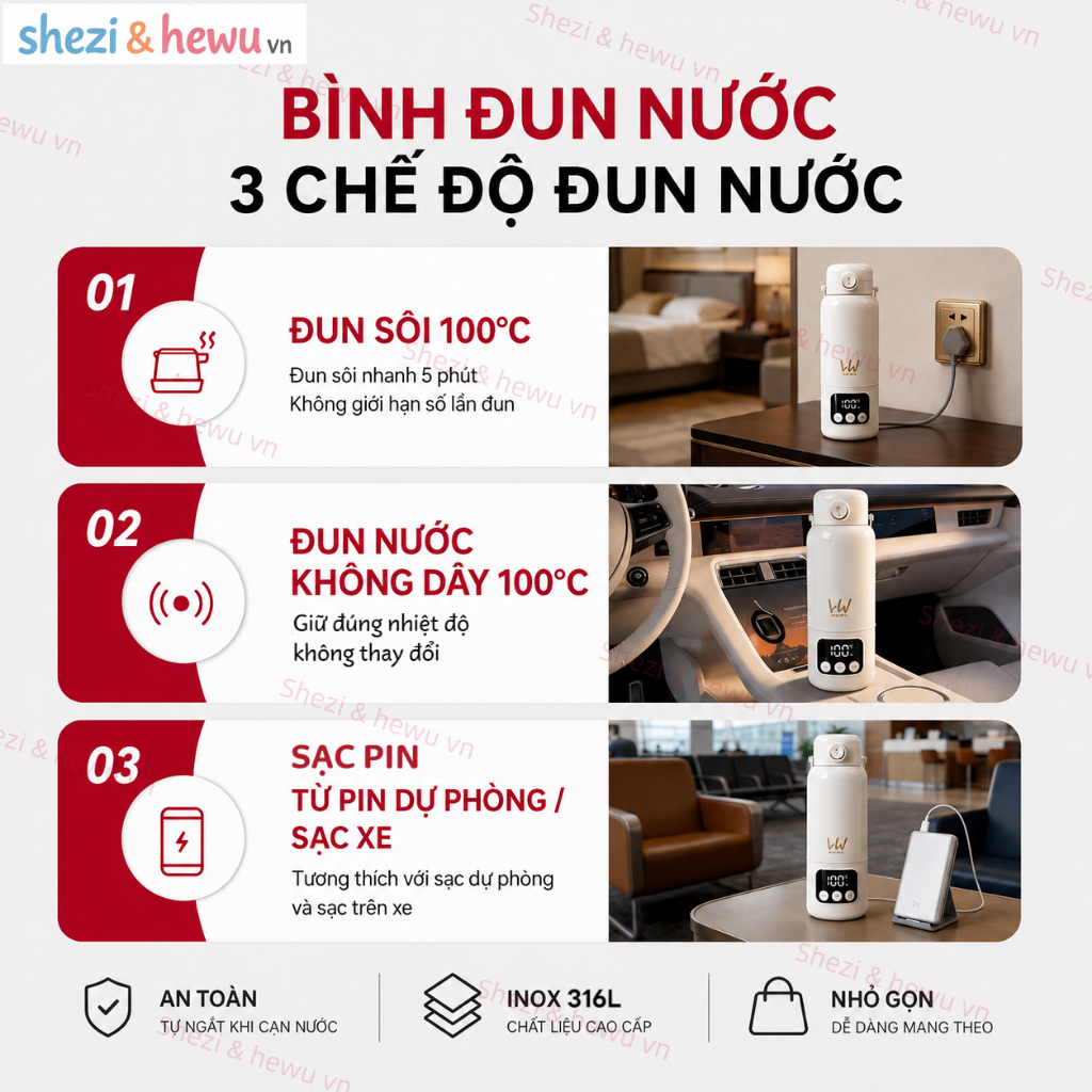 SHEZI & HEWU thế hệ mới 2025 — ấm đun nước điện đầu tiên có thể đun nóng đến 100°C ở cả hai chế độ.
