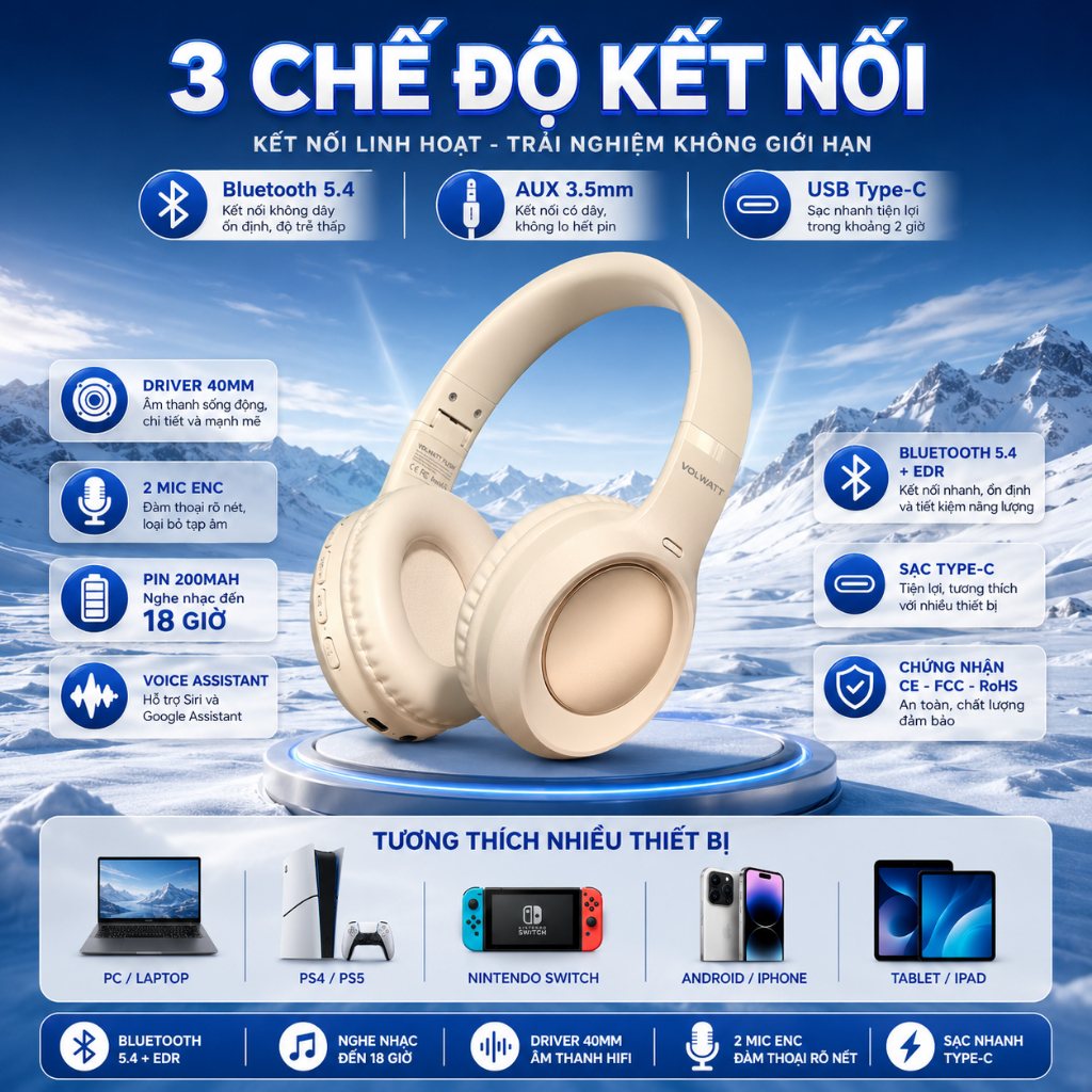 Tai nghe chụp tai không dây Volwatt Flow – Tai nghe Bluetooth chụp tai | AUX + Bluetooth | Pin 200mAh |  5.4 T52M