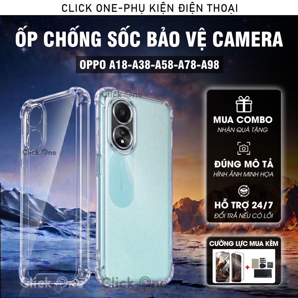 Ốp lưng Oppo A38, A18, A58 4G/5G, A78 4G/5G, A98 Silicon dẻo trong chống sốc 4 cạnh bảo vệ camera | Ốp lưng chống sốc