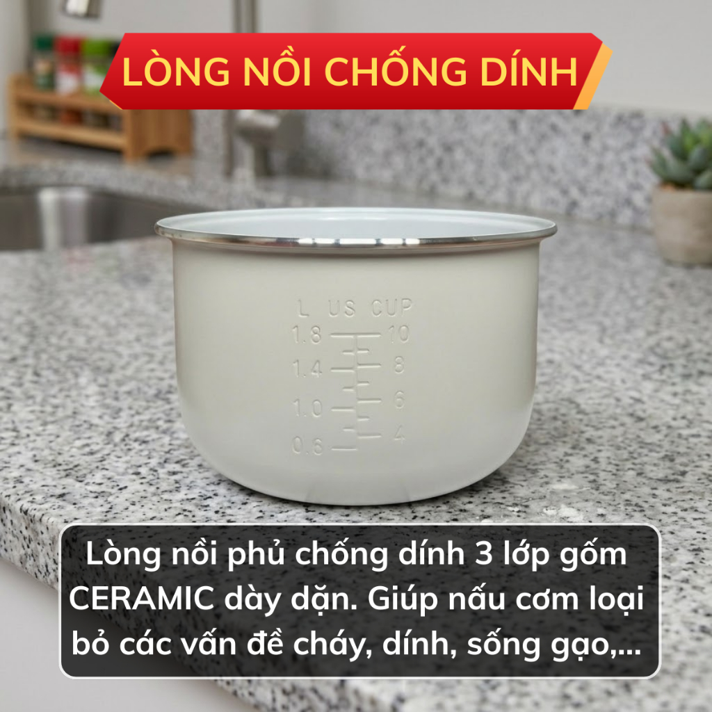 Nồi cơm điện tử GROPA chính hãng, nồi cơm dung tích 1,5L lòng nồi chống dính 3 lớp nấu cơm cực nhanh