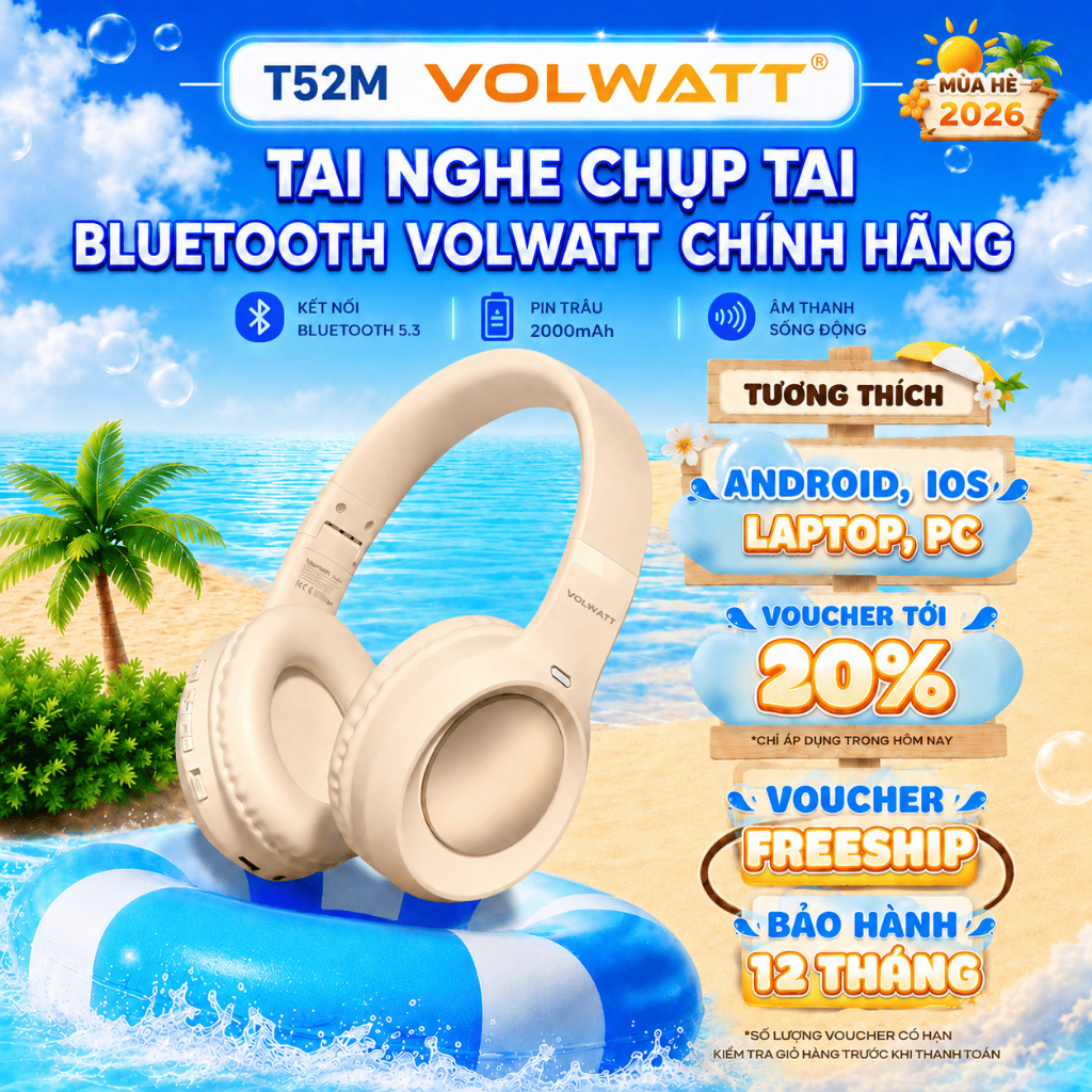 Tai nghe chụp tai không dây Volwatt Flow – Tai nghe Bluetooth chụp tai | AUX + Bluetooth | Pin 200mAh |  5.4 T52M