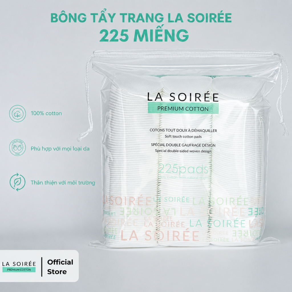 [Gói 225 Miếng Tròn] Bông Tẩy Trang La Soirée 225 Miếng Cotton Tự Nhiên, Mềm Mịn, Tiết Kiệm