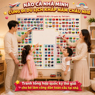 TRANH CỜ QUỐC KỲ THẾ GIỚI SONG NGỮ VIỆT - ANH CHO BÉ | Hơn 200 Lá Cờ Chia Theo 5 Châu| Tranh decal trang trí nhà cử