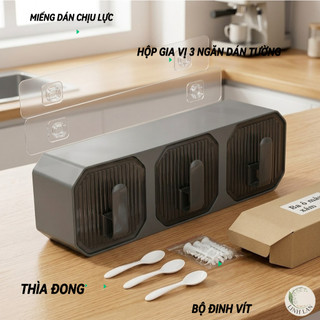 Khay Đựng Gia Vị 3 Ngăn, Khay Đựng Muối Đường Dán Tường Tiện Lợi Chắc Chắn Thiết Kế Công Thái Học, Đa năng Chống Ruồi Bọ