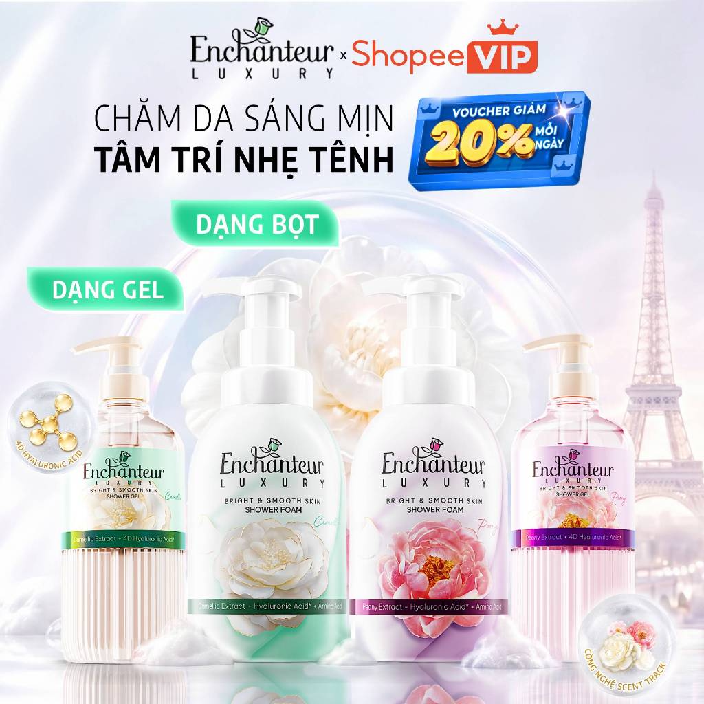 [SVIP] Trải Nghiệm COMBO Tắm Cao Cấp Enchanteur Luxury Dưỡng Da Sáng Mịn Chiết Xuất Hoa Trà/Hoa Mẫu Đơn