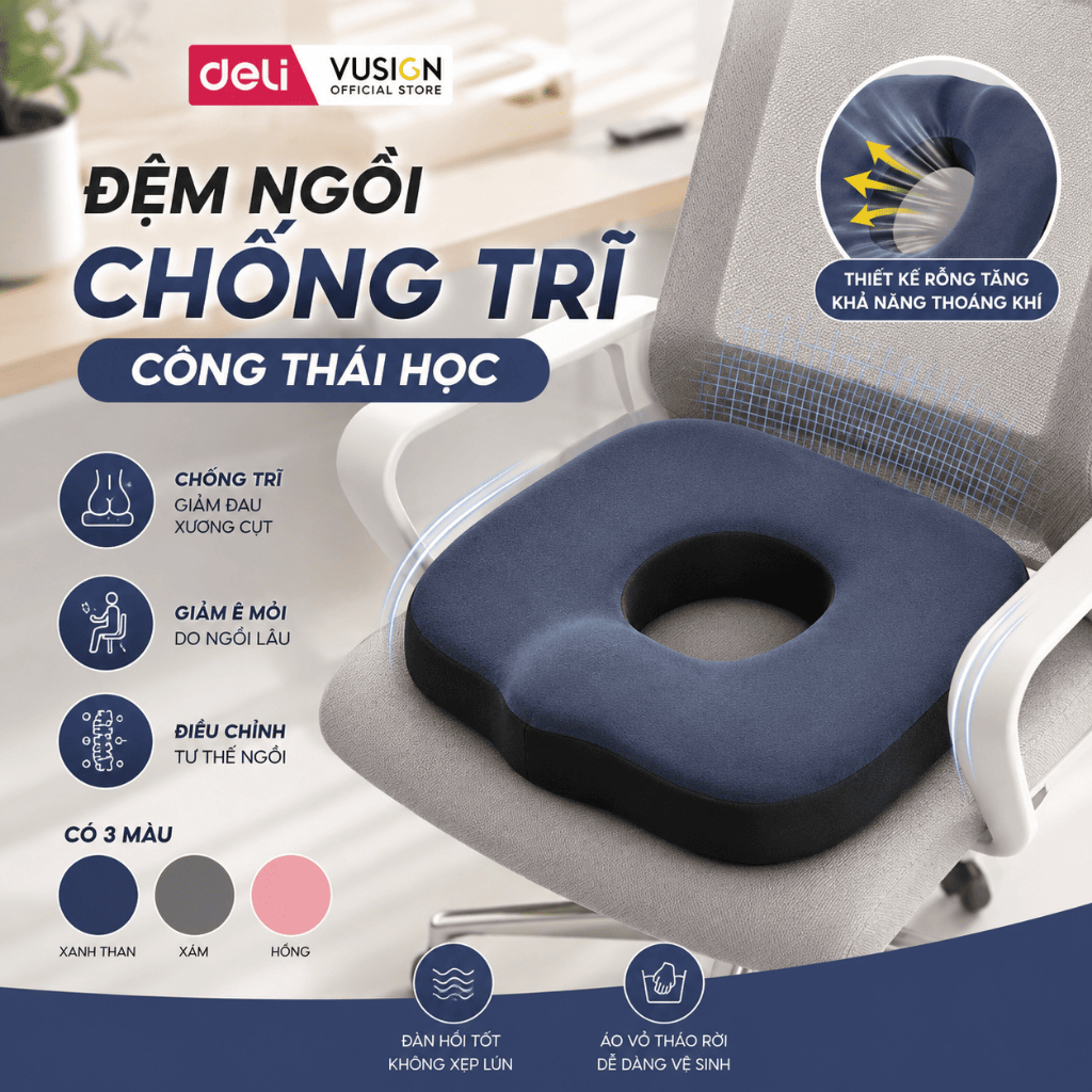 [SVIP] Đệm Ghế Ngồi Văn Phòng DeLi Thoáng Khí Chống Trĩ Chất Liệu Cao Su Non Giảm Ê Mỏi Điều Chỉnh Tư Thế Ngồi