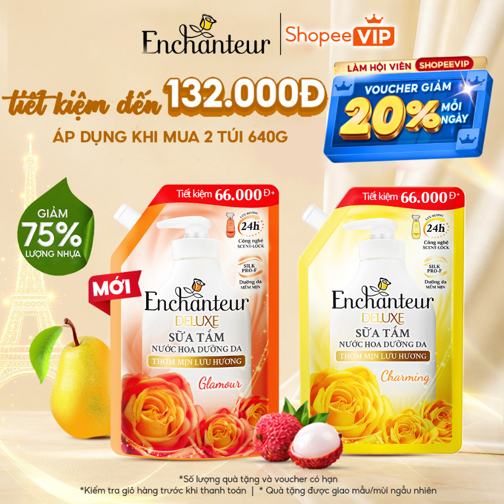 [SVIP][TIẾT KIỆM 132K] Combo 2 Túi Refill Sữa Tắm Nước Hoa Dưỡng Da Thơm Mịn Lưu Hương Enchanteur 640g x2