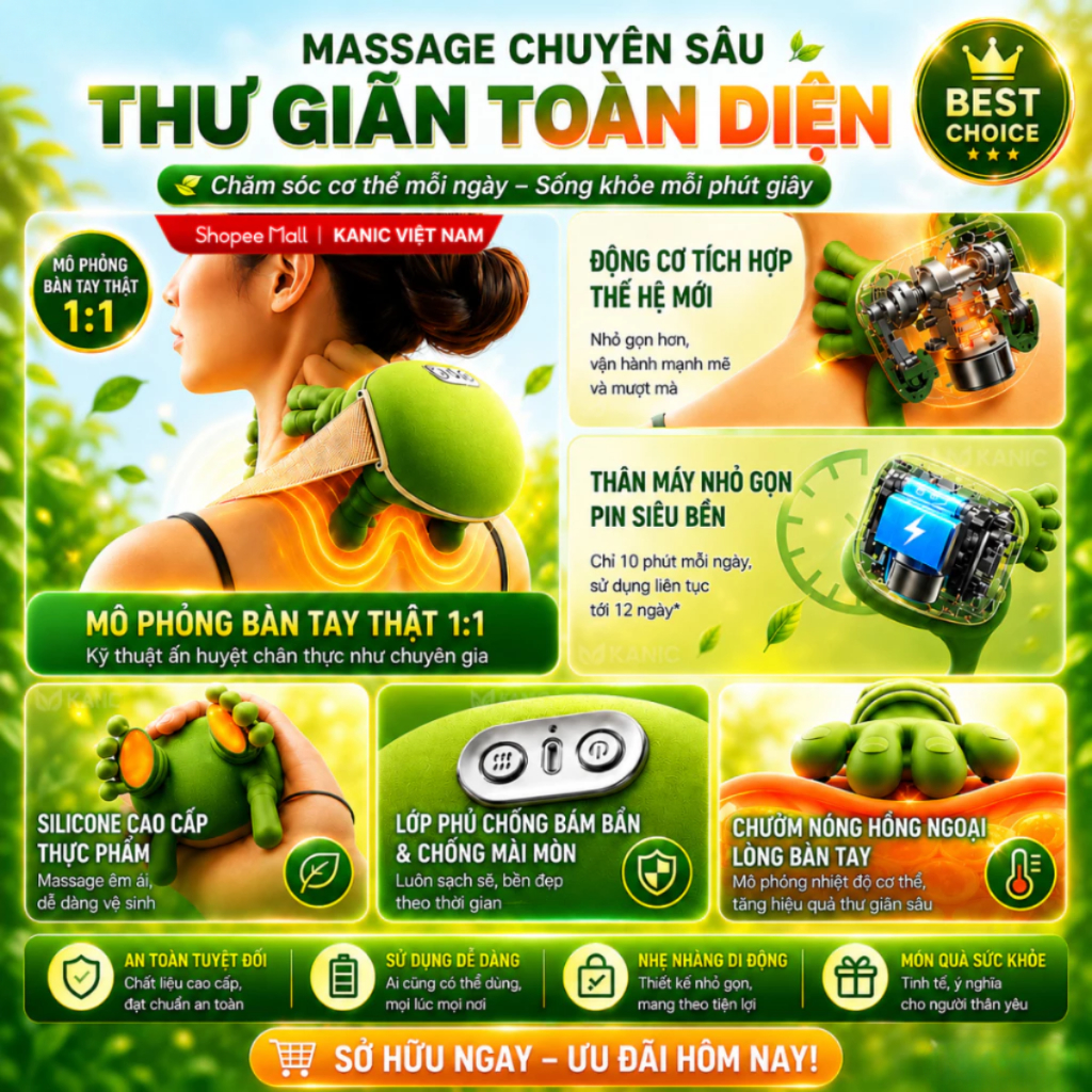 Máy massage cổ vai gáy mô phỏng bàn tay chuyên gia xoa bóp mềm mại, giảm đau thư giãn nhẹ nhàng