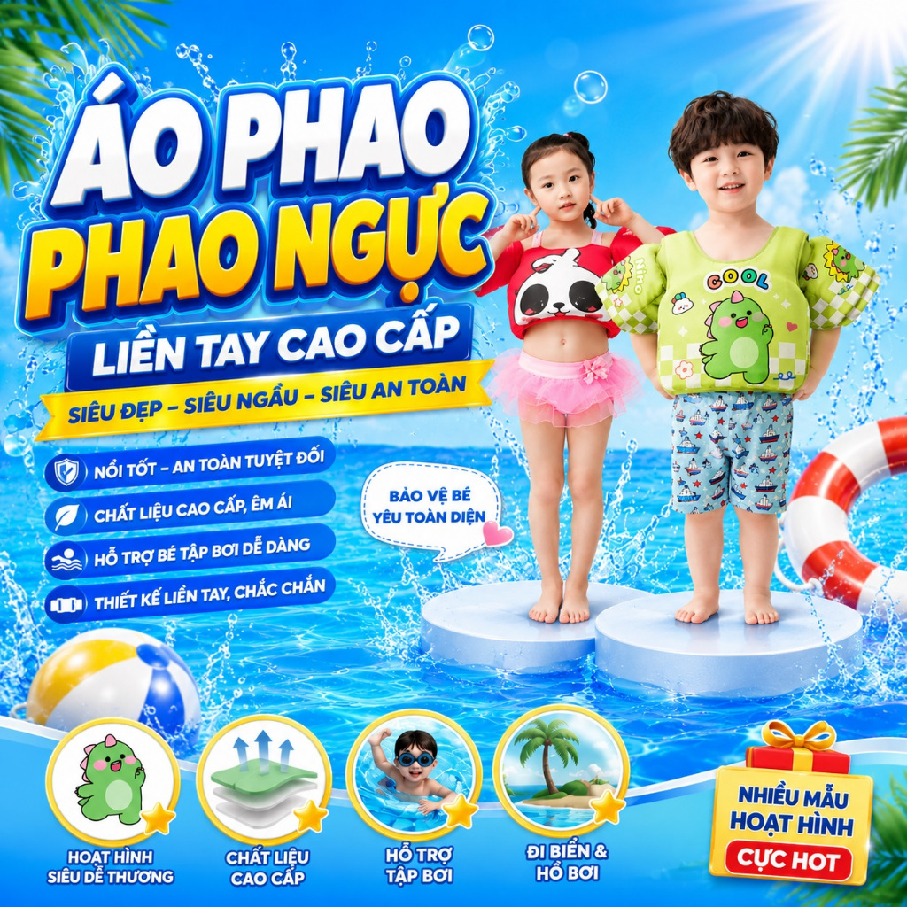 Áo phao - phao ngực chống lật cho trẻ em từ 2-8 tuổi, phao tập bơi liền tay cho trẻ em