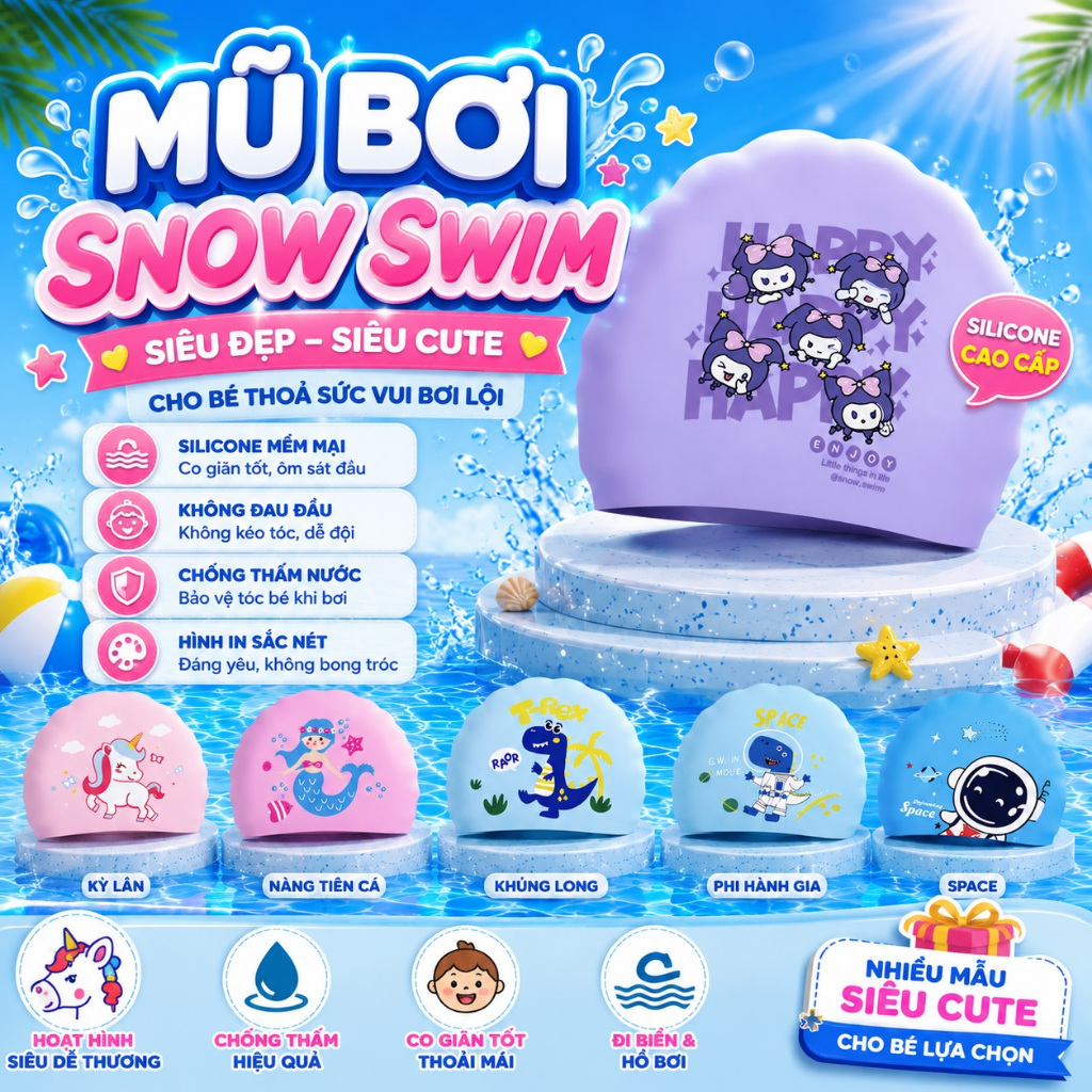 Mũ bơi Snow Swim cho trẻ em bằng sillicone bền đẹp giá rẻ, họa hình siêu đẹp, siêu dễ thương