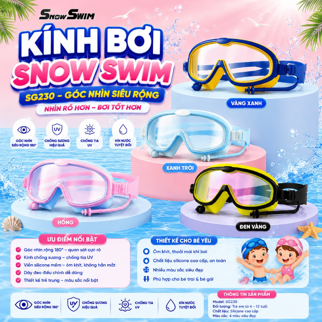 Kính Bơi Trẻ Em SNOW SWIM SG230 Góc Nhìn Siêu Rộng 180° | Tích Hợp Bịt Tai Chống Nước | Chống UV | Cho Bé 3-12 Tuổi