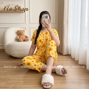 Đồ bộ Quần 9 tất Áo bèo ngực Tay ngắn, Chất vải tôn lanh mặc nhà mát mềm mịn Dễ thương Đủ size 40~75kg NaShop