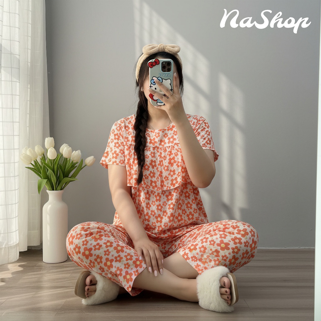 [MÀU MỚI] Đồ bộ Quần 9 tất Áo bèo ngực Tay ngắn, Chất vải tôn lanh mặc nhà mát mềm mịn Đủ size 40~75kg NaShop