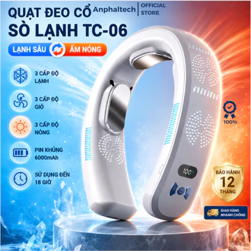 Quạt Đeo Cổ TC06, Quạt Treo Cổ, Quạt Tích Điện Đeo Cổ Không Cánh Thông Minh Chườm Nóng Lạnh Cao Cấp Pin Sạc 6000mAh