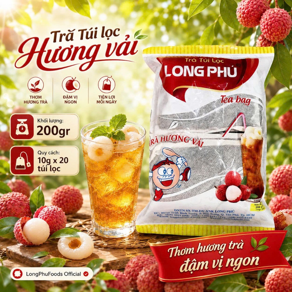 Trà Vải Túi Lọc LONG PHÚ Gói 200gr (20gr * 10 túi) - Đậm Vị, Thơm Lâu, Nguyên Liệu Trà Sữa, Trà Trái Cây.