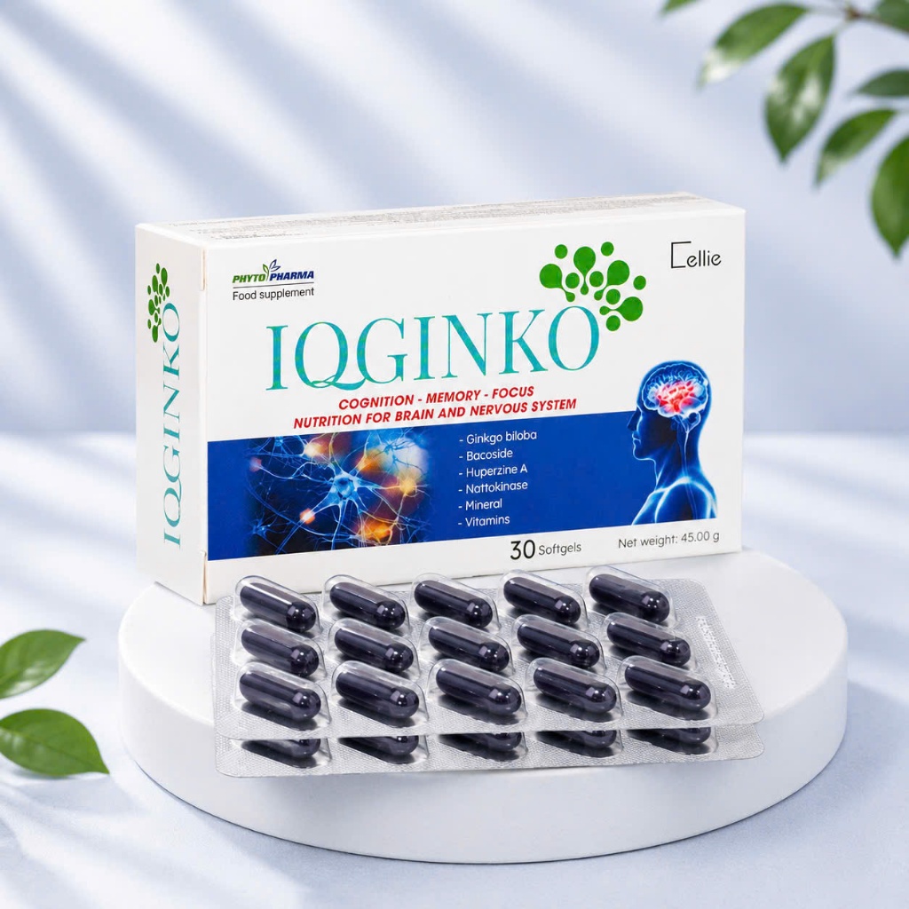 IQGINKO Nhập Khẩu Pháp - Viên Uống Bổ Não Hỗ Trợ Tăng Cường Trí Nhớ, Tuần Hoàn Não, Giảm Hay Quên - 30 Viên