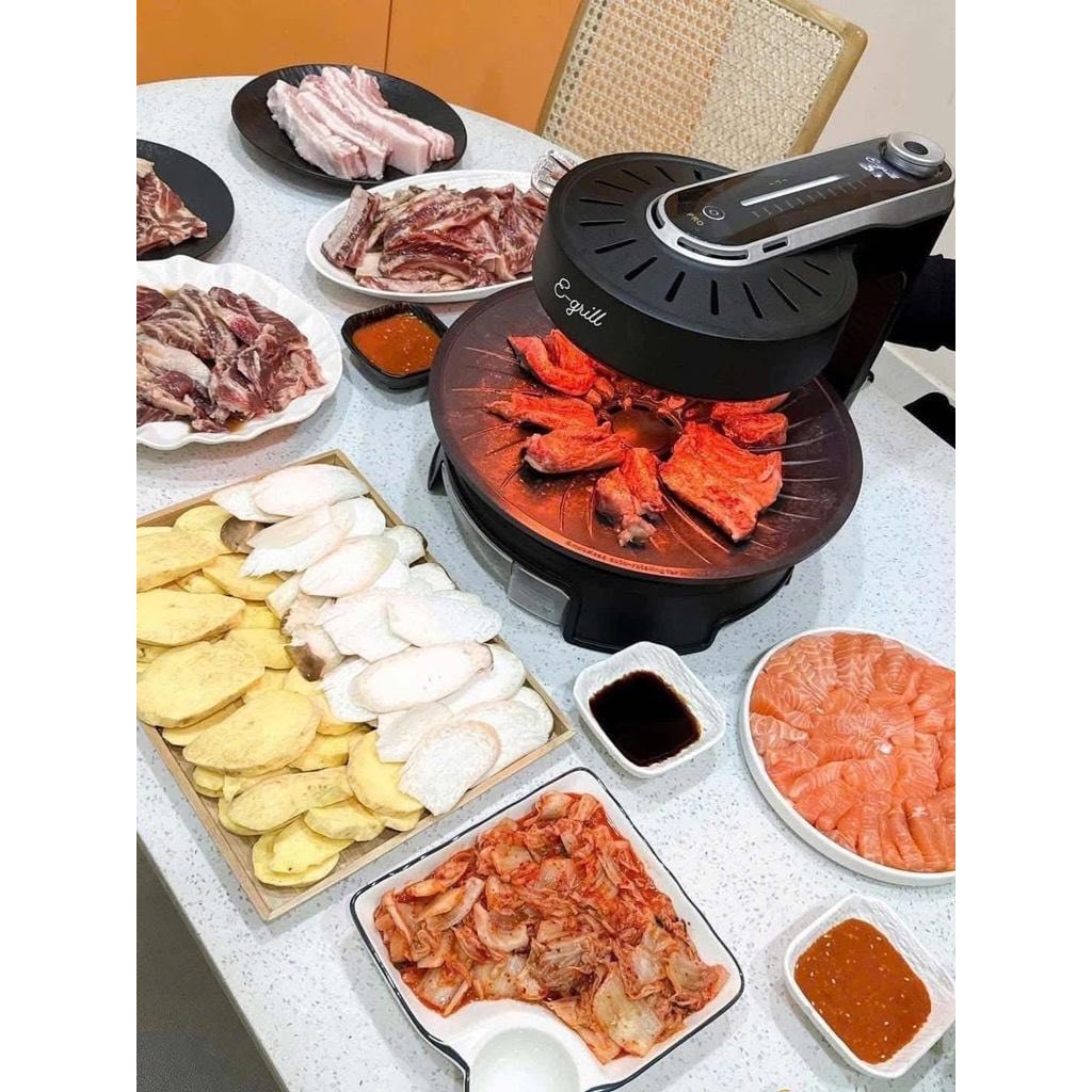 Bếp Nướng Điện E-Grill 1800W Xoay Tự Động 360 Độ, Không Mùi, Không Khói, Chống Dính, Thương Hiệu Đức