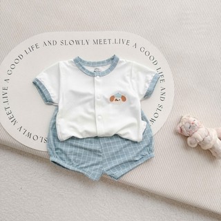 Bộ sơ sinh cộc tay cho bé khuy thẳng bo viền cổ thiết kế quần caro chất mềm mát thoáng khí an toàn cho bé - SS7