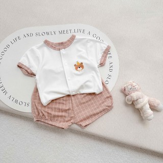 Bộ sơ sinh cộc tay cho bé khuy thẳng bo viền cổ thiết kế quần caro chất mềm mát thoáng khí an toàn cho bé - SS7