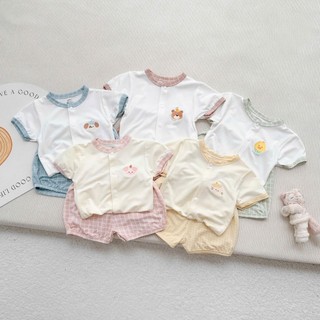 Bộ sơ sinh cộc tay cho bé khuy thẳng bo viền cổ thiết kế quần caro chất mềm mát thoáng khí an toàn cho bé - SS7