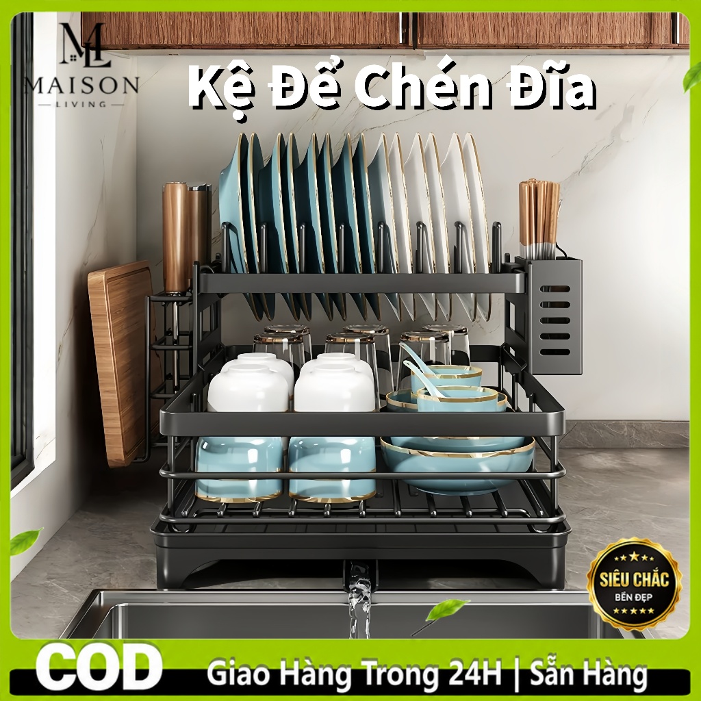 Kệ để chén bát đĩa thép carbon 2 tầng – Khung chắc chắn, không gỉ sét Dùng bền trong nhà bếp ẩm ướt