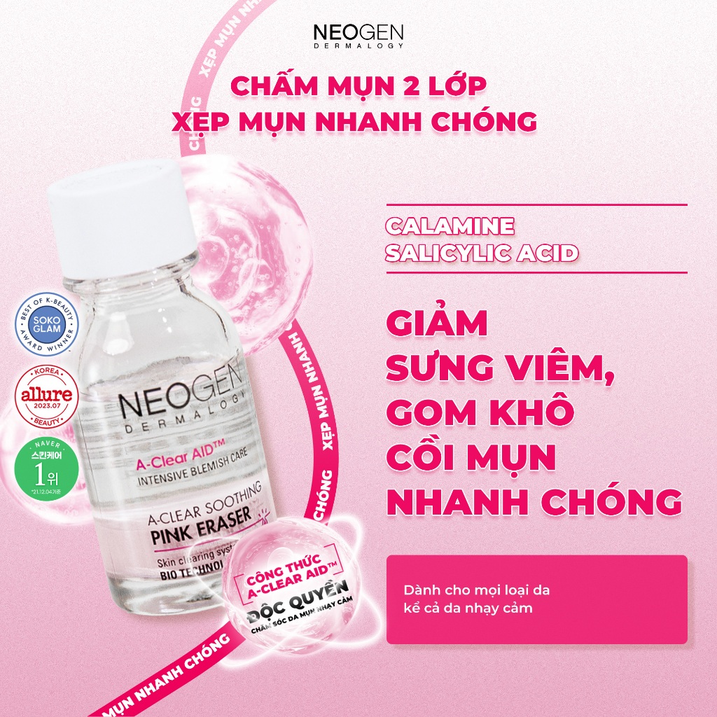 Chấm Mụn 2 Lớp Hỗ Trợ Xẹp Mụn Neogen Dermalogy A-Clear Aid Soothing Pink Eraser 15ml
