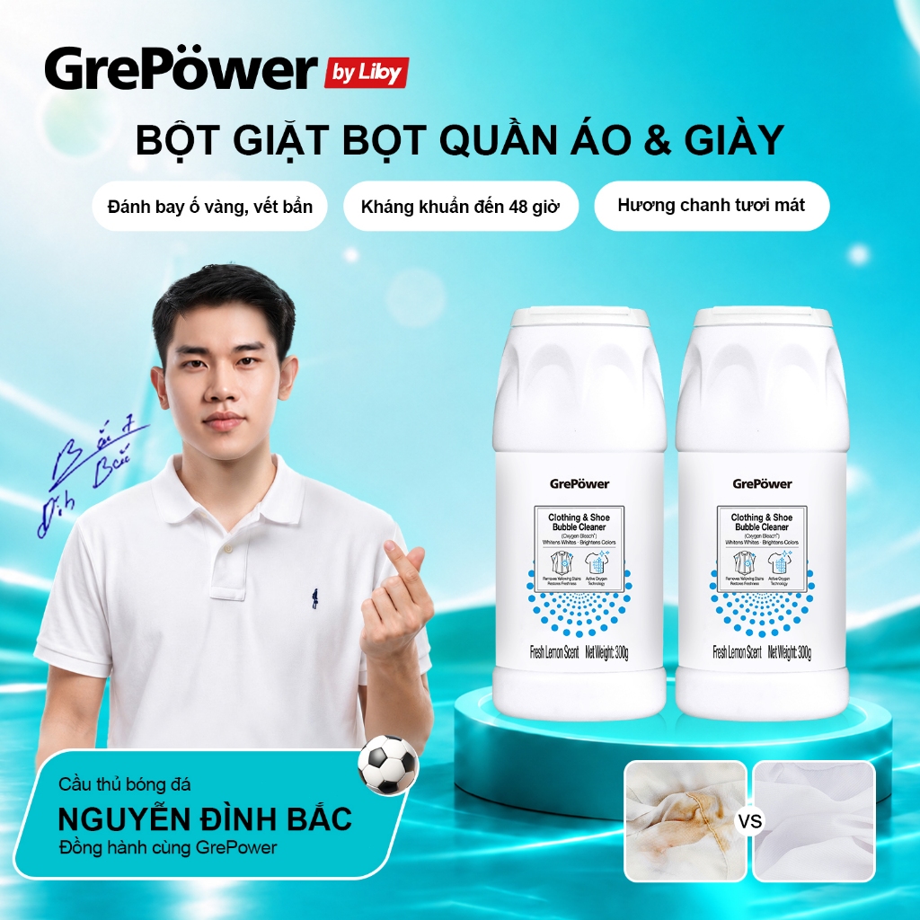 Bột Giặt Bọt Đa Năng GrePower, Làm Trắng Quần Áo Và Giày, Không Cần Chà Xát, Làm Trắng Vết Bẩn
