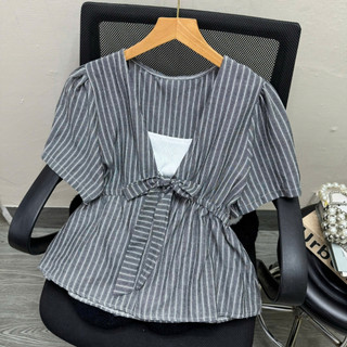 Áo Babydoll Bigsize Nữ Áo Kiểu Peplum Kẻ Sọc Phối Nơ Cổ Dễ Thương Tôn Dáng Cho Chubby A360