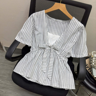 Áo Babydoll Bigsize Nữ Áo Kiểu Peplum Kẻ Sọc Phối Nơ Cổ Dễ Thương Tôn Dáng Cho Chubby A360
