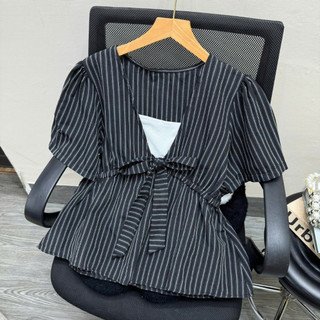Áo Babydoll Bigsize Nữ Áo Kiểu Peplum Kẻ Sọc Phối Nơ Cổ Dễ Thương Tôn Dáng Cho Chubby A360