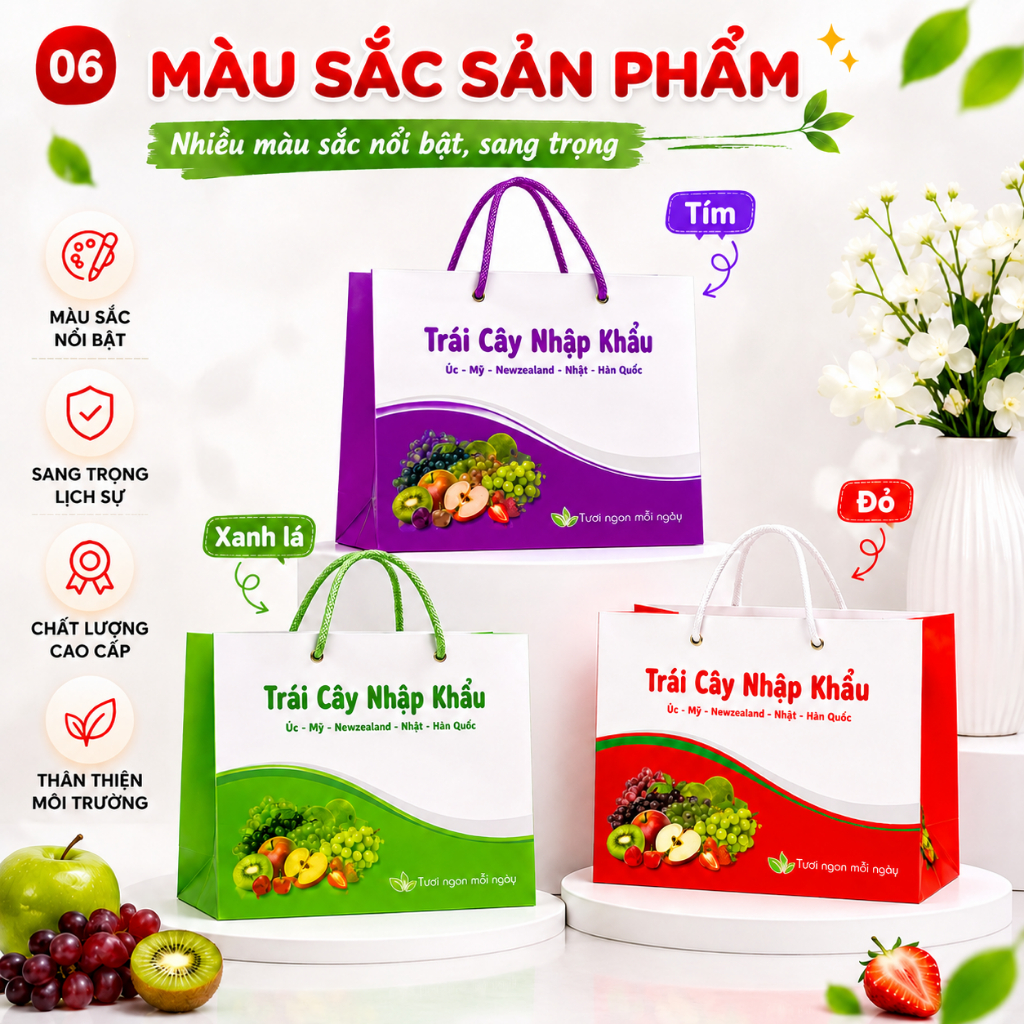 Combo 25 Túi Giấy Đựng Hoa Quả Mẫu Trái Cây Nhập Khẩu Màu Đỏ Quai Xách Dây Chắc Chắn Tiện Lợi