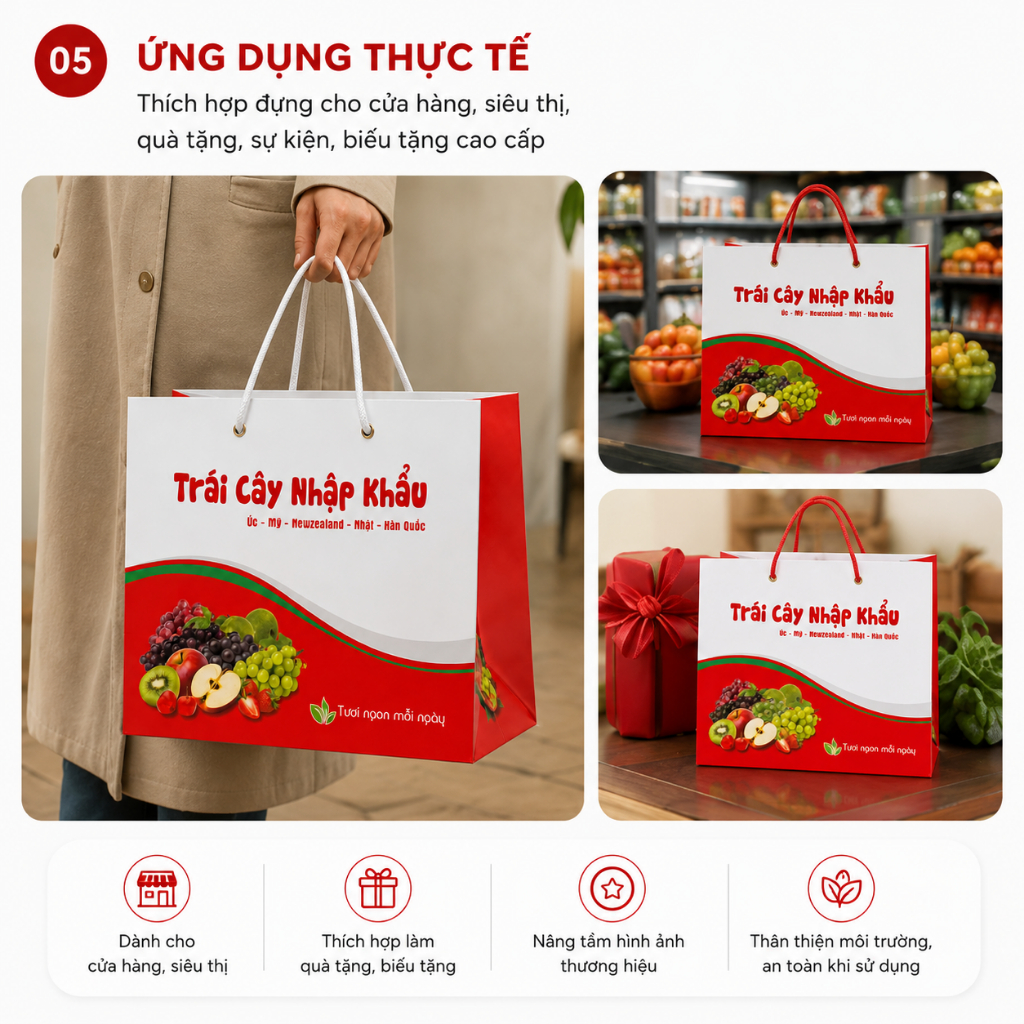 Combo 25 Túi Giấy Đựng Hoa Quả Mẫu Trái Cây Nhập Khẩu Màu Đỏ Quai Xách Dây Chắc Chắn Tiện Lợi