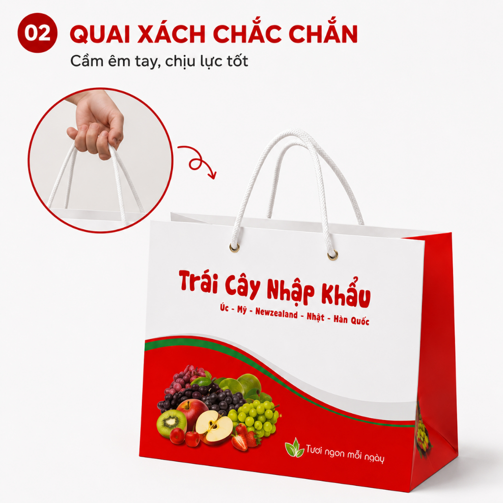 Combo 25 Túi Giấy Đựng Hoa Quả Mẫu Trái Cây Nhập Khẩu Màu Đỏ Quai Xách Dây Chắc Chắn Tiện Lợi